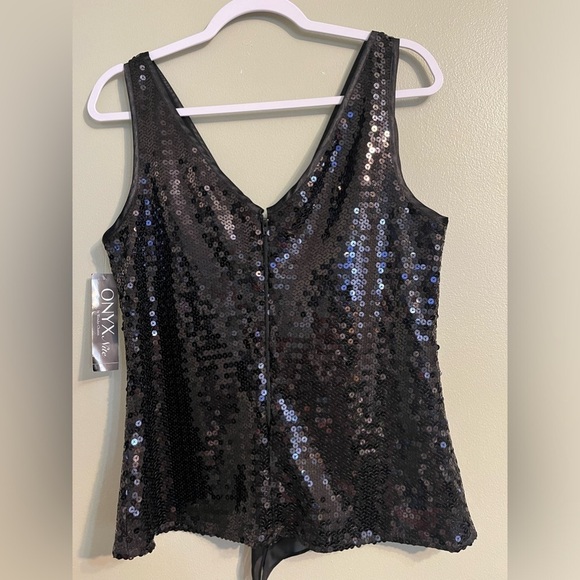 Onyx Nite Womens Black Sequined Back Zip Evening Party Wear Blouse Size L NWT - Picture 7 of 14